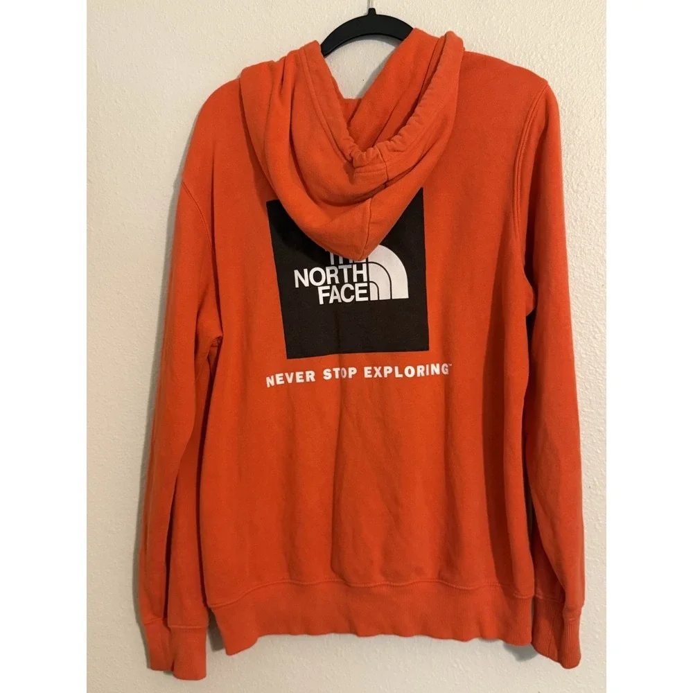 The North Face Mens Red Orange Box Logo Never Stop Exploring Hoodie MEDIUM